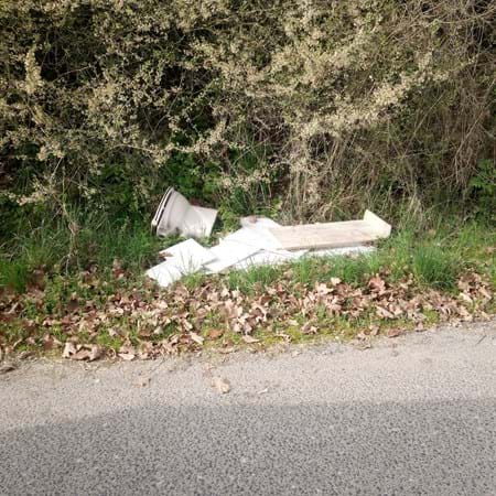Illegale Müllablagerung von einer Toilette und anderen Dingen in der Natur.
